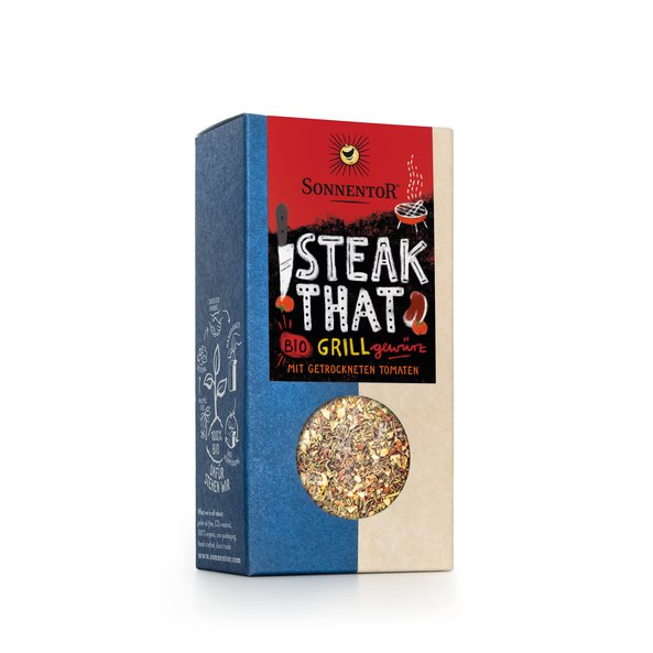 Photo of a pack Steak That BBQ Spice. On the package you can see many barbecue utensils.