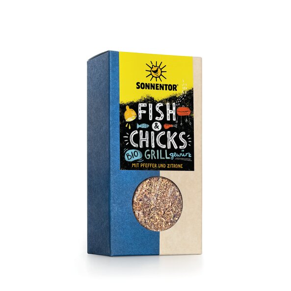 Ein Foto einer Packung Fish & Chicks Grillgewürz. Darauf ist eine Hühnerkeule und ein Fisch zu sehen.