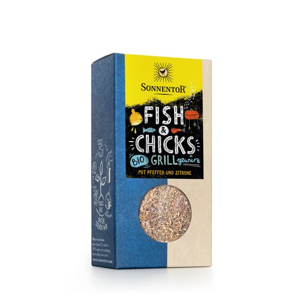 A photo of a pack Fish & Chicks BBQ Spice. On it you can see a chicken leg and a fish.