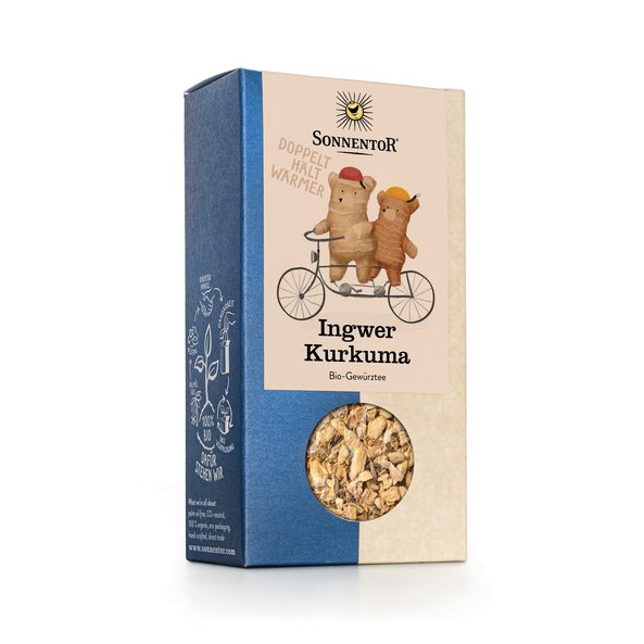 Photo of a pack Ginger Turmeric Tea loose Organic Spice Tea Blend. On the package is a picture of a ginger bear and turmeric bear riding together with a bike.