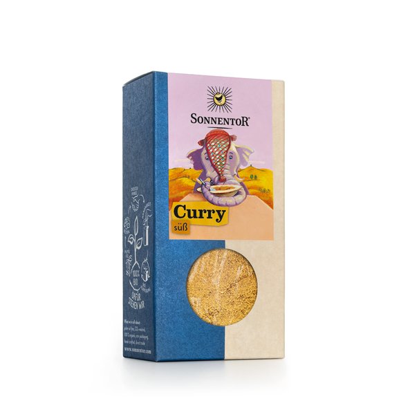 Photo of a pack curry sweet. On it you can see an elephant eating curry from a plate.