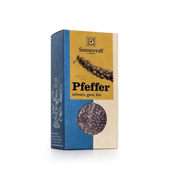 Photo of a pack pepper black. On the package you can see black peppercorns.
