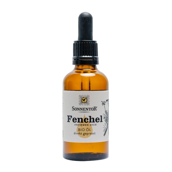 Photo of a bottle fennel oil. On the bottle is fennel and a drop of oil depicted.