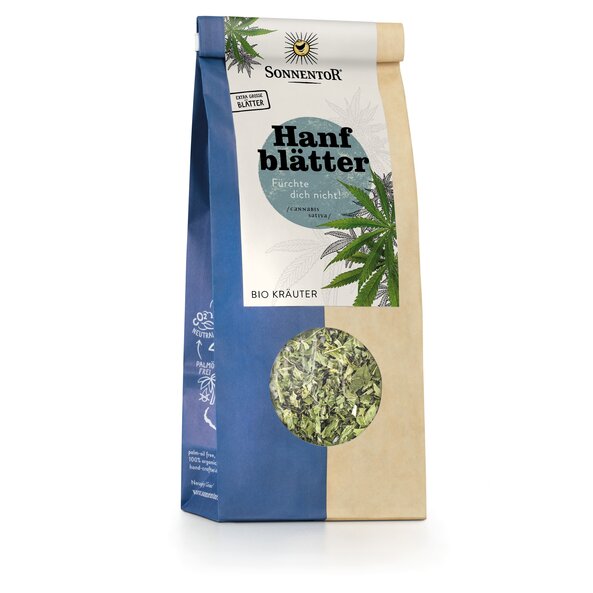 Photo of a pack Hemp leaves loose Organic Herbal Tea. On the package is a picture of a hemp leave.