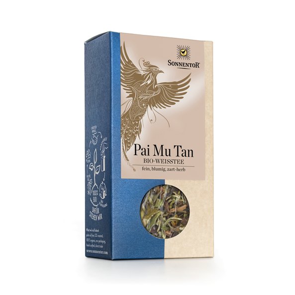Foto einer Packung Weißer Pai Mu Tan Tee lose. Auf der Packung ist ein Vogel zu sehen.
