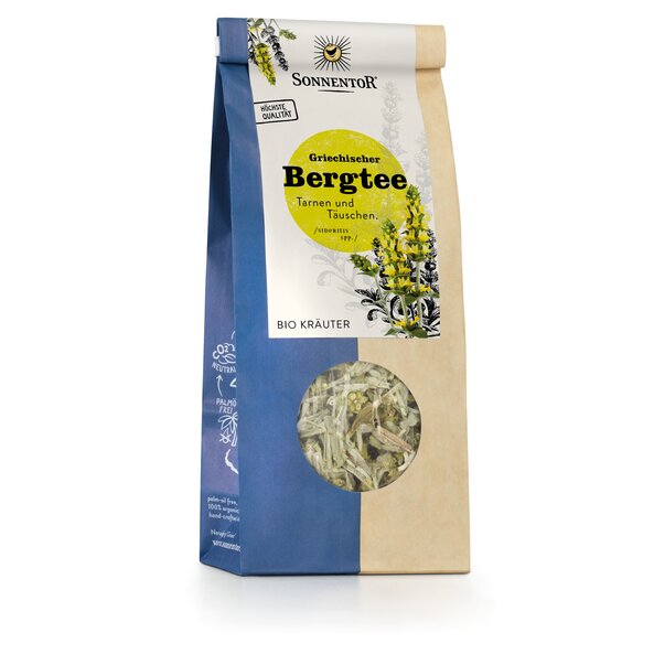Photo of a Greek Mountain Tea loose. On the package is a picture of a Greek mountain tea plant.