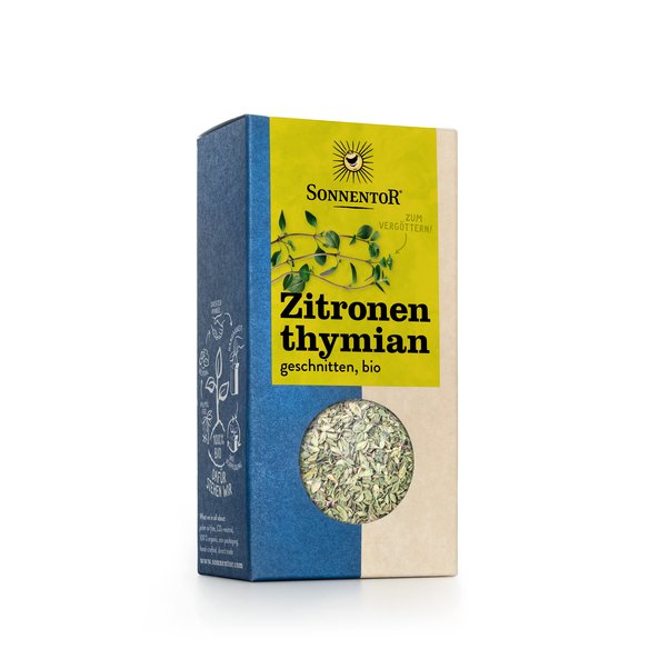 Foto einer Packung Zitronenthymian. Auf dem gelb grünem Etikett ist Zitronenthymian abgebildet.
