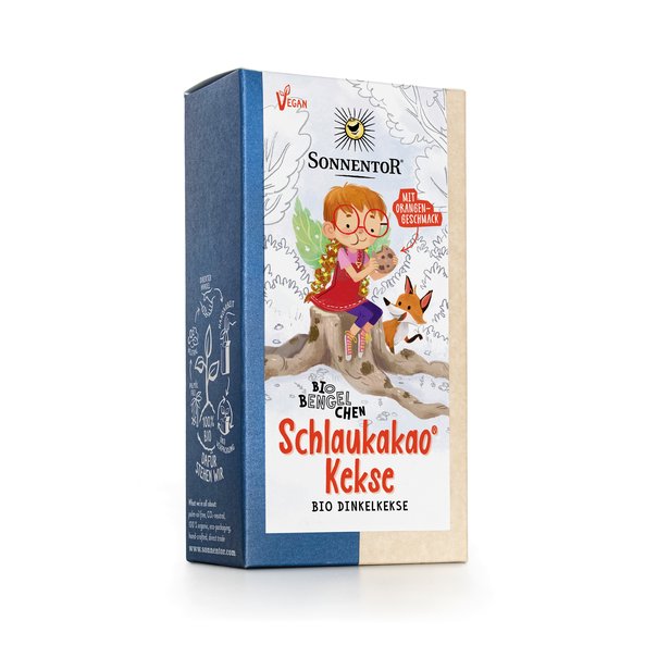 Photo of a pack Schlaukakao Cookies. On the package you can see Bengelchen Constanze on a tree stump eating a cookie.