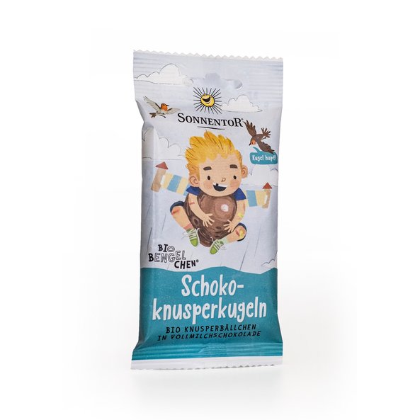 Photo of a bag Crunchy chocolateballs. On the package is Bengelchen Leander how is jumping with a  chocolate ball depicted.