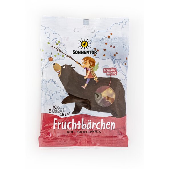 Foto von einem Säckchen Fruchtbärchen. Darauf zu sehen ist ein Mädchen, das auf einem Bären sitzt und Früchte von den Bäumen angelt.