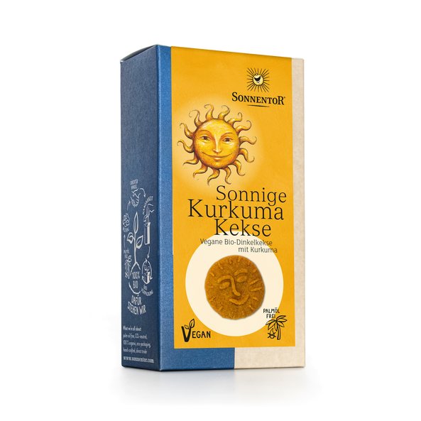 Photo of a pack turmeric cookies. On the package is a sun and a cookie in the shape of the sun depicted.