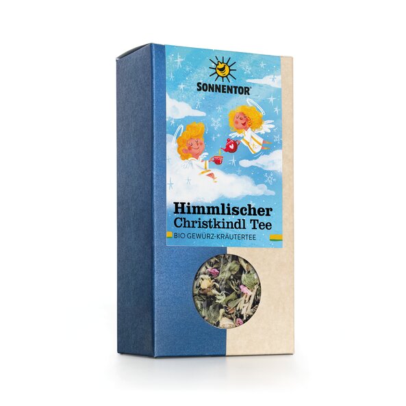 Foto einer Packung Himmlischer Christkindltee lose. Auf der Packung sind zwei Engel auf Wolken zu sehen, die Tee trinken.