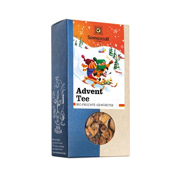 The photo shows a pack Advent tea loose. On it you can see two people and a dog riding on a sled.