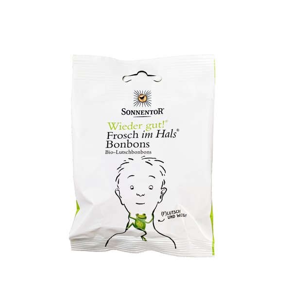 Photo of a bag Soothing Throat Drops. On the pack you can see a boy with a green frog in the throat.