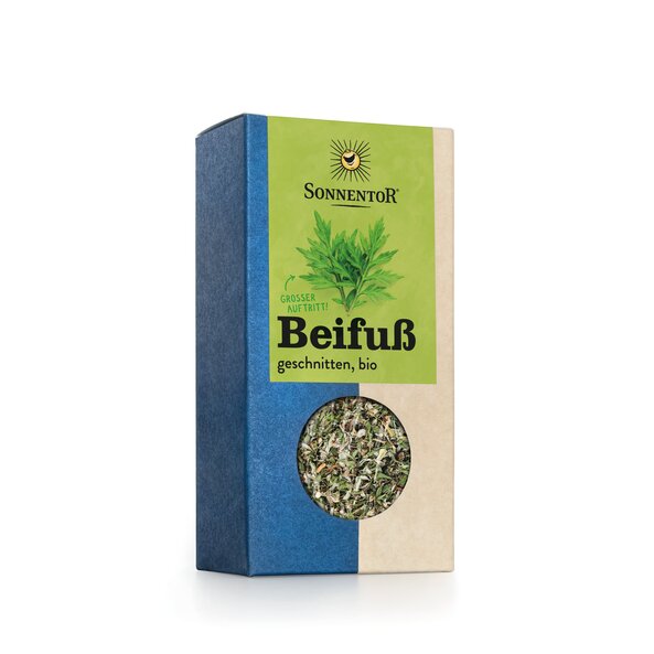 Foto von einer Packung Beifuß geschnitten. Auf der Packung sind zwei Beifuß Blätter zu sehen.