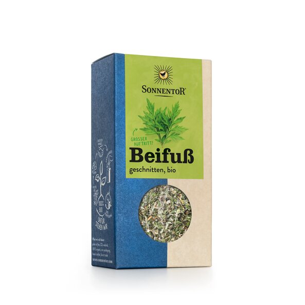 Photo of a pack mugwort cut. On the package you can see two mugwort leaves.