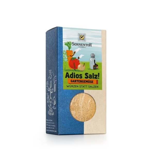Photo of a pack Adios salt. On it you can see various vegetables waving after the salt.