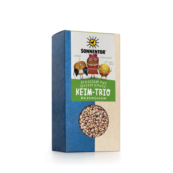 The characters of the sprout seeds lentils, radishes and mustard seeds stand next to each other and hold hands.