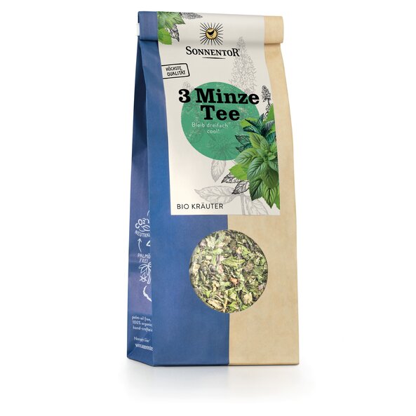 Auf der Teepackung sieht man die Blätter der drei Minzen sowie einen türkisen Kreis, in dem der Titel "3 Minze Tee" steht.