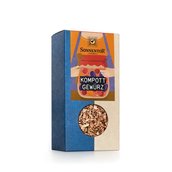 On the package there is a drawing of a preserving jar with various fruits in it, which is being held by two hands.