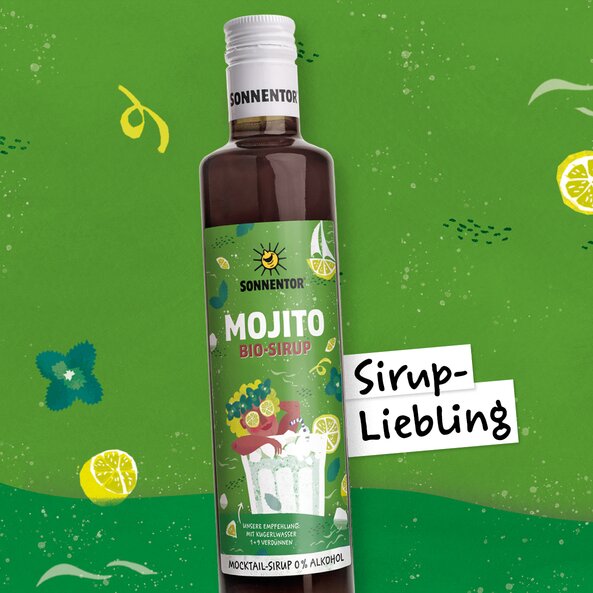 Sonnentor Mojito Bio-Sirup Flasche vor grünem Hintergrund mit Text „Sirup-Liebling“
