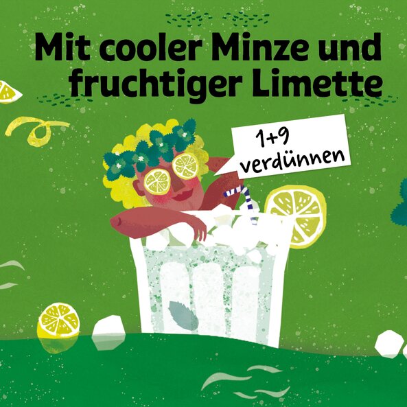 Illustration Mojito mit Text „Mit cooler Minze und fruchtiger Limette“ und „1+9 verdünnen“