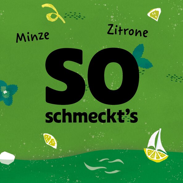 Grüner Hintergrund mit Text „So schmeckt's: Minze, Zitrone“ und Illustrationen