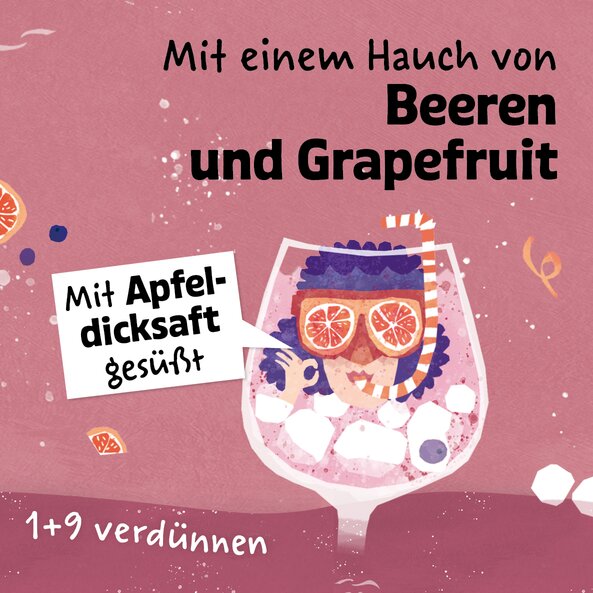 Mocktail-Illustration und Text „Mit einem Hauch von Beeren und Grapefruit“ sowie „Mit Apfeldicksaft gesüßt“ und „1+9 verdünnen“