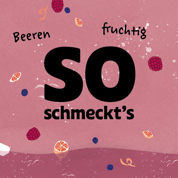 Text „So schmeckt's: Beeren, fruchtig“ mit Beeren-Illustrationen