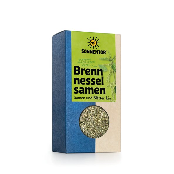 Viereckschachtel mit einem Etikett. Darauf steht: Brennnesselsamen Samen und Blätter