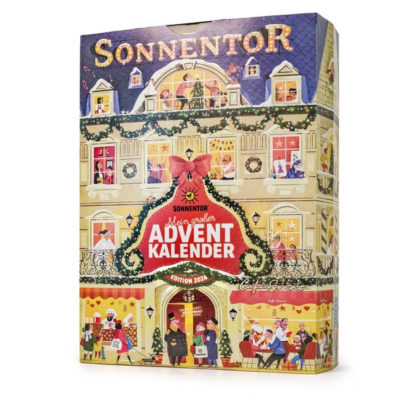 SONNENTOR „Mein großer Adventkalender – Edition 2026“ mit festlich gestaltetem Hausmotiv, weihnachtlichen Fensterszenen und Café.