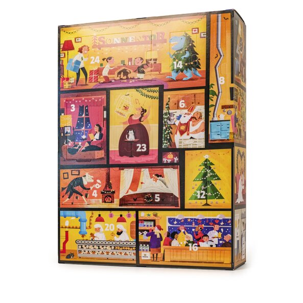 SONNENTOR „Mein großer Adventkalender – Edition 2026“ mit festlich gestaltetem Hausmotiv, weihnachtlichen Fensterszenen und Café.