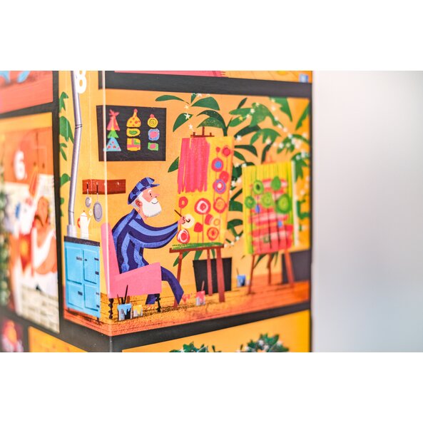 Detailausschnitt eines Motivs des SONNENTOR „Mein großer Adventkalender – Edition 2026“ einer malenden Person mit Pinsel und Leinwänden.
