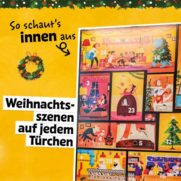 Illustration mit dem SONNENTOR „Mein großer Adventkalender – Edition 2026“ mit festlich gestaltetem Hausmotiv, weihnachtlichen Fensterszenen und Café und dem Schriftzug: "So schau´s innen aus" und "Weihnachtsszenen auf jedem Türchen".