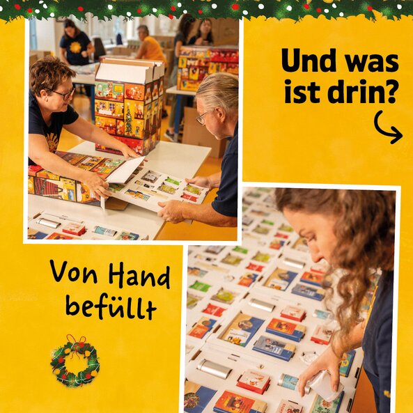 Fotokollage mit Personen bei der der SONNENTOR „Mein großer Adventkalender – Edition 2026" händisch bestückt wird mit den Schriftzügen "Und was ist drinnen?" und "Von Hand befüllt".