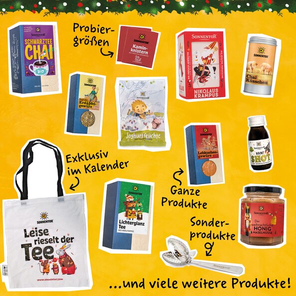 Illustration mit Produkten des SONNENTOR „Mein großer Adventkalender – Edition 2026“ mit Tee, Gewürzen, Honig, Hanföl, Chai, Stofftasche und viele mehr, welche als Probiergrößen, ganze Produkte, exkusive Sonderproduke enthalten sind.