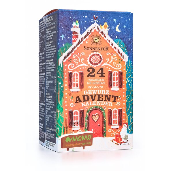 In the photo you can see the spice advent calendar. On it you can see a gingerbread house, a snowman and a sleigh. 