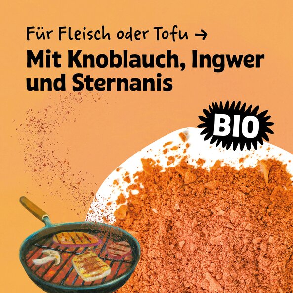 Illustration with Asian BBQ spice loose and the words: ‘For meat or tofu with garlic, ginger and star anise’ on a light orange background. | © SONNENTOR