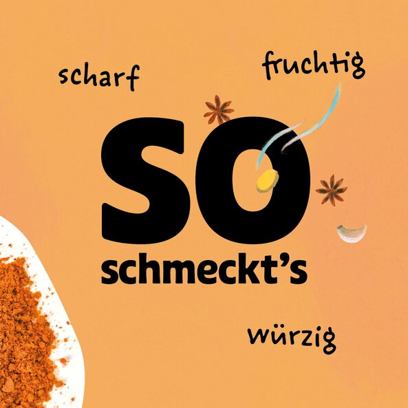 Illustration of Asian BBQ spice loose on a light orange background with the words: ‘This is how it tastes: hot, fruity, spicy’. | © SONNENTOR