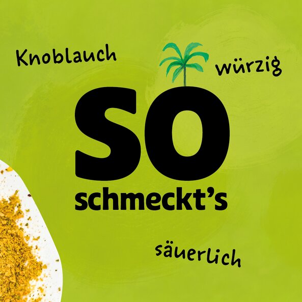 Illustration of Easy Goreng spice loose on a light green background with the words: ‘This is how it tastes: garlic, spicy, sour’. | © SONNENTOR