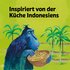 Illustration of a blue monkey eating noodles from a key, on a light green background with the words: ‘Inspired by Indonesian cuisine’. | © SONNENTOR