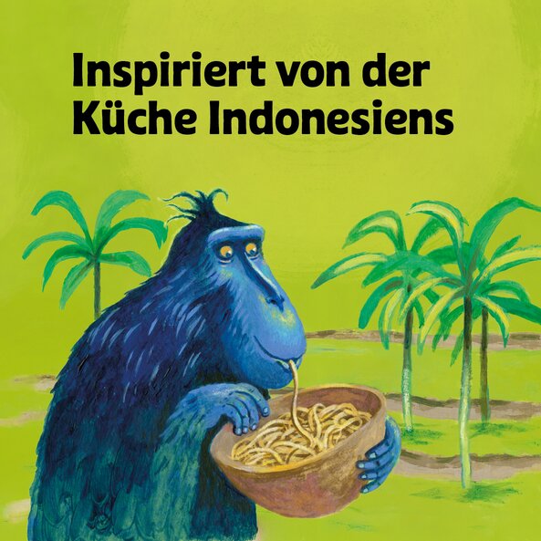 Illustration of a blue monkey eating noodles from a key, on a light green background with the words: ‘Inspired by Indonesian cuisine’. | © SONNENTOR