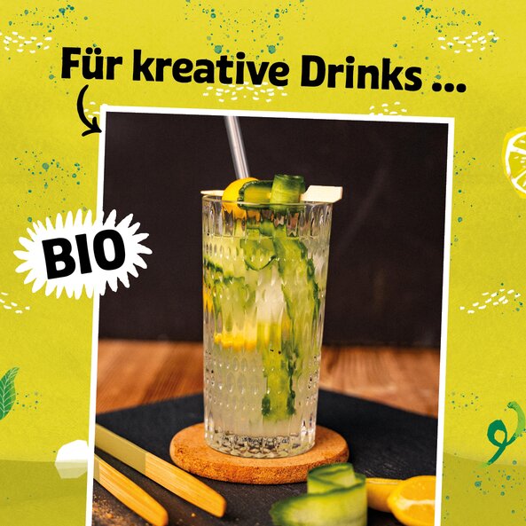 Illustration featuring a photo of a jar of SONNENTOR bergamot syrup, with the text: ‘For creative drinks’ on a yellow-green background on the label.