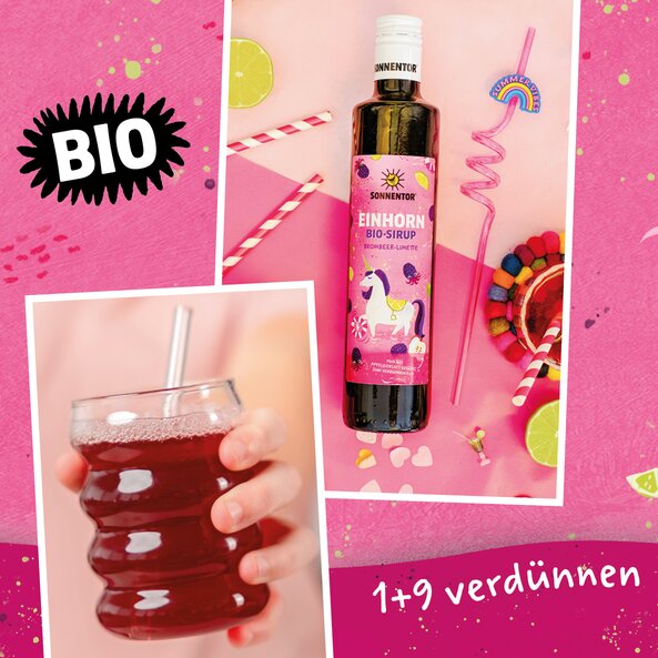 Illustration of a glass and the SONNENTOR unicorn syrup bottle on a berry-coloured background with the instruction: ‘Dilute 1:9’.