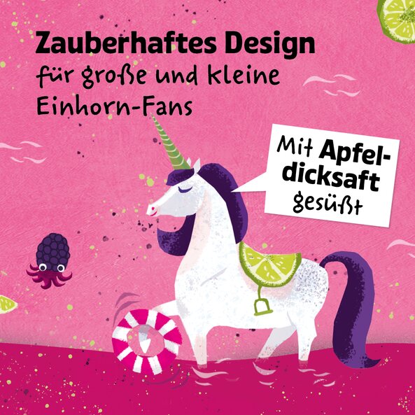 An illustration of a unicorn accompanied by the text: ‘Enchanting design for unicorn fans of all ages, sweetened with apple syrup’ on a berry-coloured background.