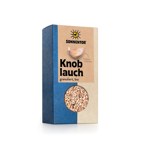 Photo of a pack of Garlic granules. On the package is a picture of a clove of garlic.
