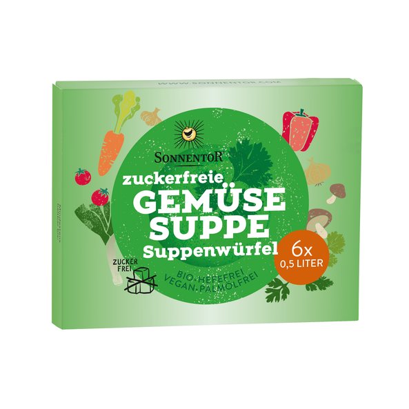 Photo of a pack Vegetable soup cubes. On the package are many herbs and vegetables depicted.
