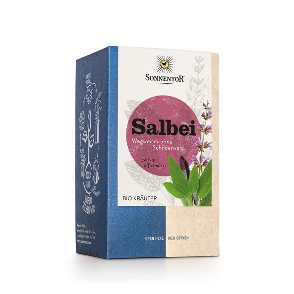Photo of a pack of sage organic herbal tea. A picture of an sage plant is shown on the package.