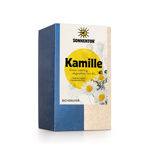 Photo of a pack organic chamomile tea. There is a picture of camomile flowers on the package.