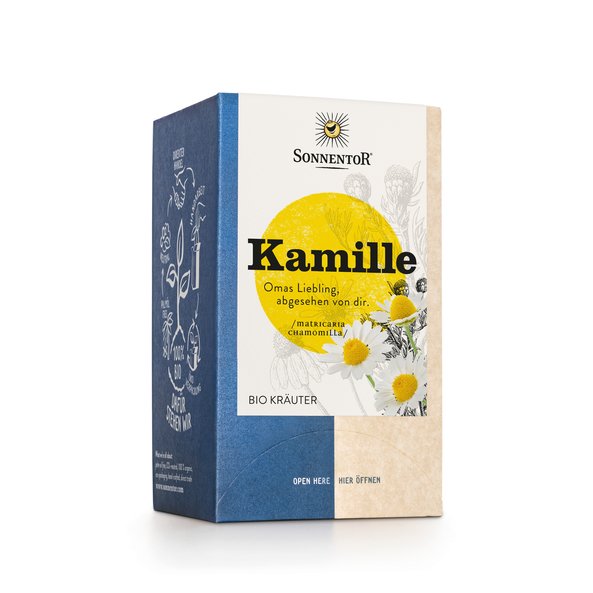 Photo of a pack organic chamomile tea. There is a picture of camomile flowers on the package.